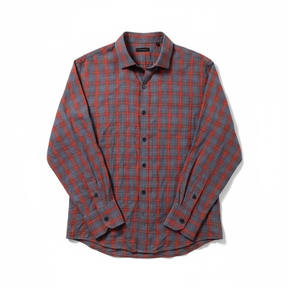 Zachary Prell Mens Linen Shirt Slim Fit Long Sleeve Blue Red Medium